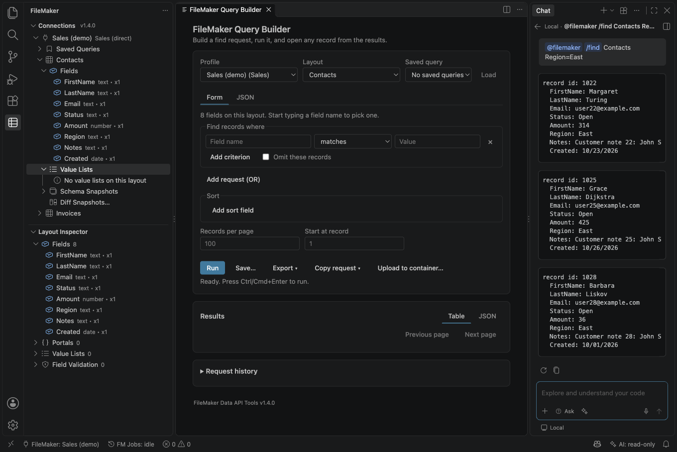 @filemaker answering a find in the Chat view (made with a stand-in language model)