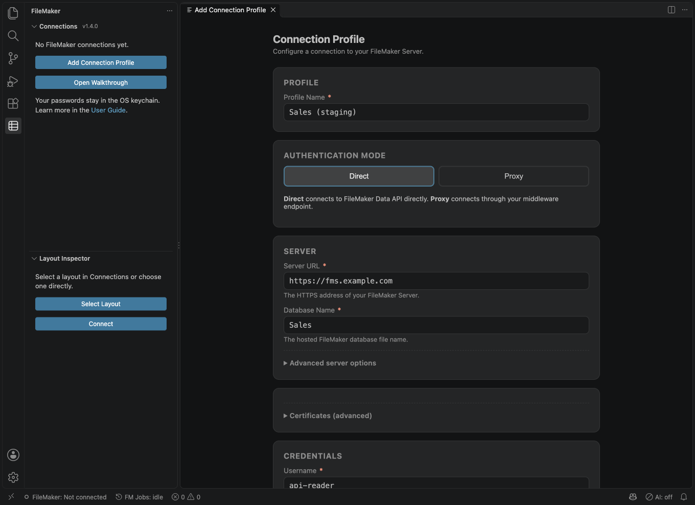 The connection wizard filled in with example values