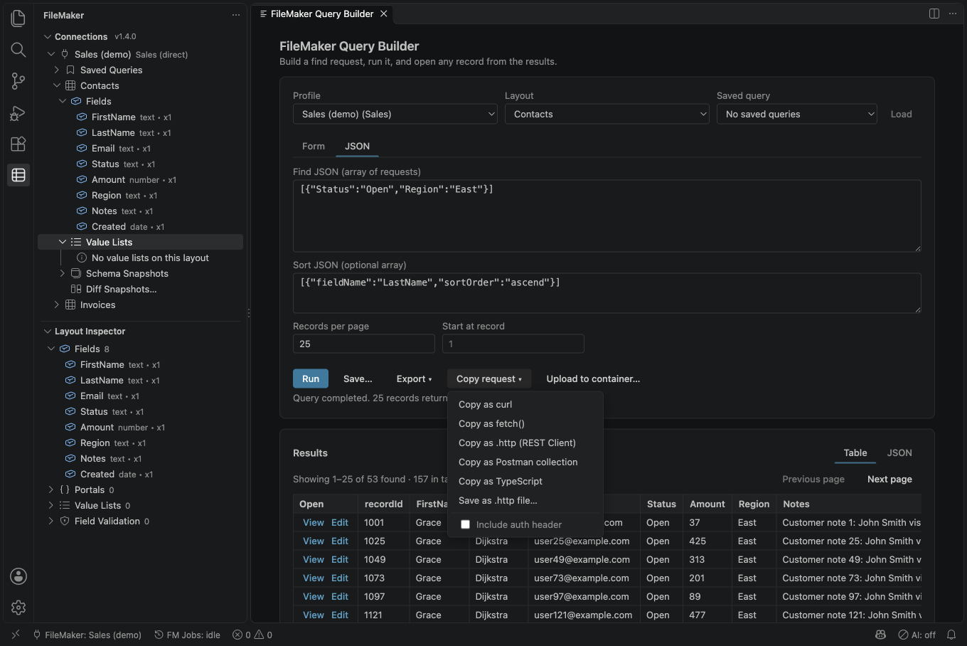 The Copy request menu open in the Query Builder