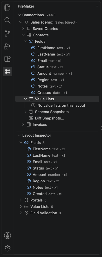 The FileMaker sidebar with a connection, a layout, its fields and the Layout Inspector