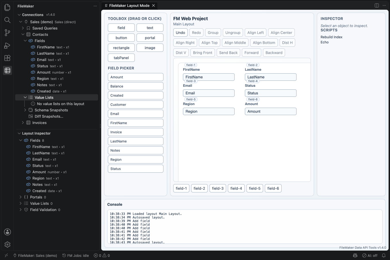 Layout Mode with six fields placed on a layout