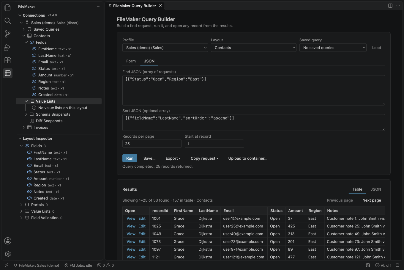 The Query Builder after a find: Status Open and Region East, sorted by last name