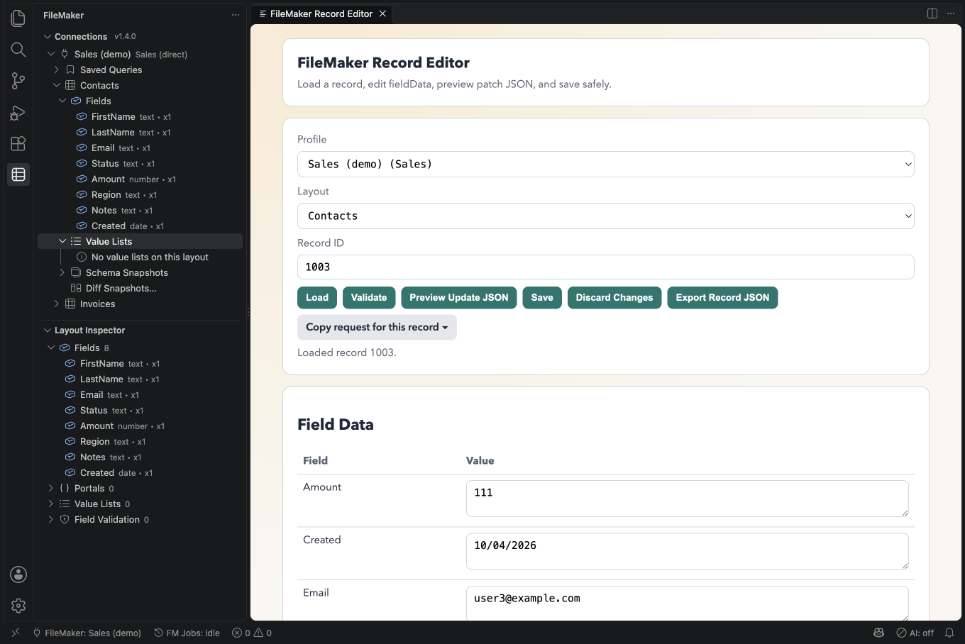 The Record Editor with record 1003 loaded