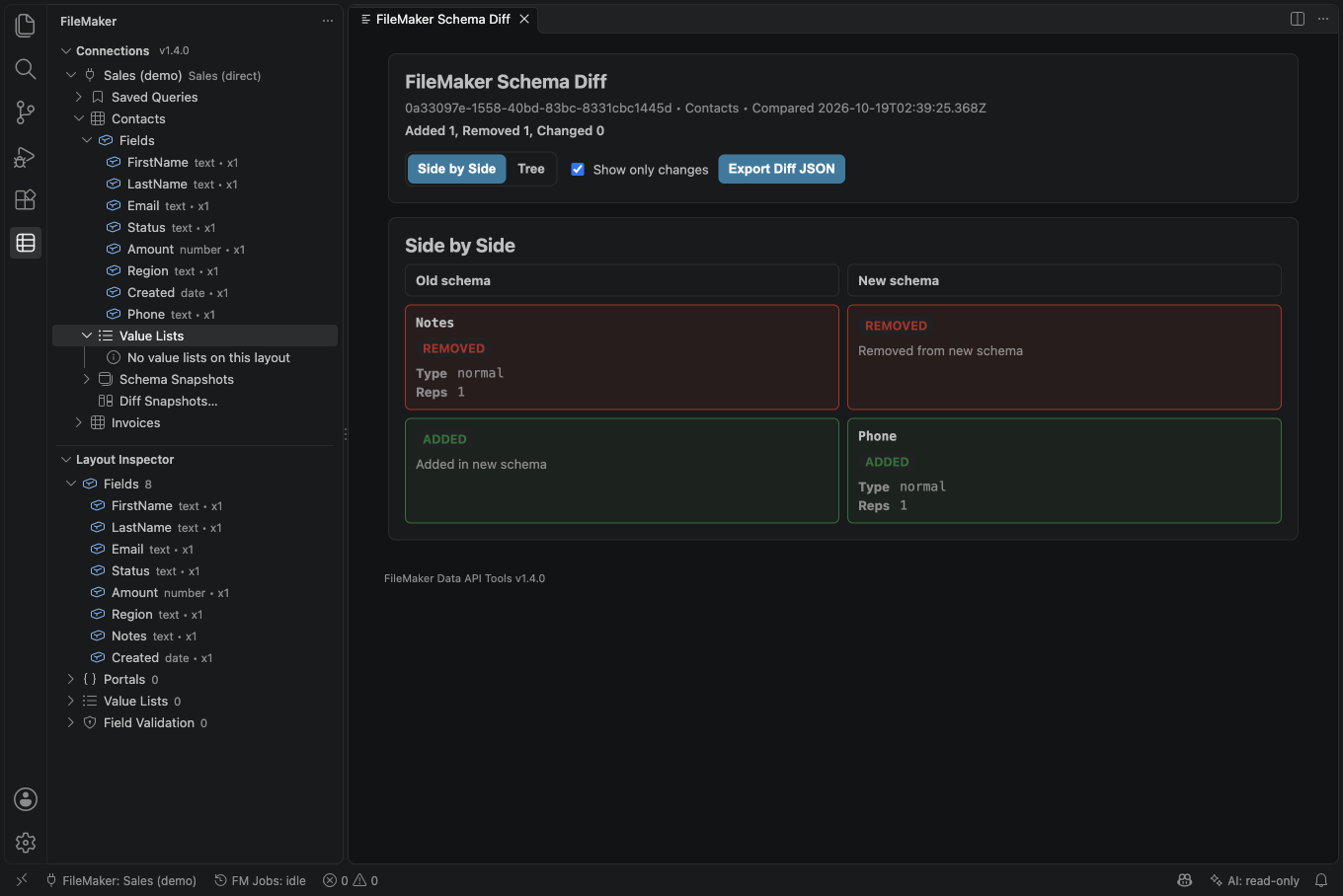 The Schema Diff panel with a field added and a field removed